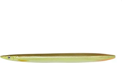 A single fishing lure shaped like a sandeel on a white background.