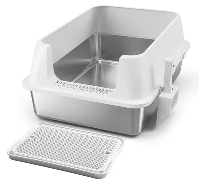 Zdjęcie produktu dla Kuweta dla kota ze stali nierdzewnej ISOISL, model XXL, wymiary: 71 x 51 x 30 cm, otwarta, z wysokim brzegiem, duża kuweta dla dużych kotów i dla wielu kotów, kolor: biały