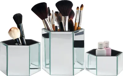 Produktbild von Kurtzy 3-er Set Make Up Pinsel Behälter Sechseckig Verspiegelt – Pinselhalter Silber Klein, Mittel & Groß – Verspiegelte Deko Make Up Behälter für