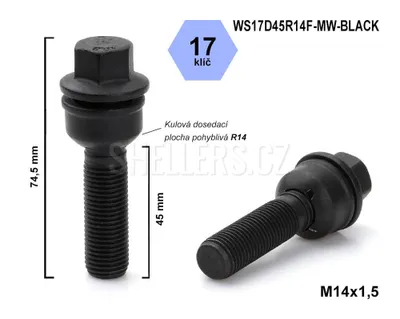 Obrázok produktu pre Skrutka kolesa M14x1,5x45 guľa R14 pohyblivá, kľúč 17, WS17D45R14F-MW-BLACK, výška 74,5 mm, čierna