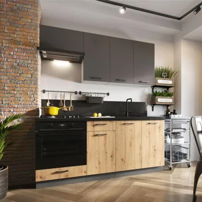 Obrázek produktu pro Kuchyňská linka 180 cm - Dub Artisan a grafit - s černou pracovní deskou - MDF čela - se skříňkou na troubu - Kuchyňský nábytek - CLARA