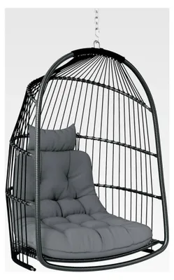 Produktbild von Hängesessel aus Polyrattan mit Kissen, faltbar, Hängekorb für Innen- und Außenbereich, belastbar bis 150 kg, Hängeschaukel für Balkon, Terrasse und Wohnzimmer, Dunkelgrau