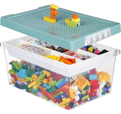 Immagine prodotto di Contenitore per giocattoli con coperchio, vassoio removibile e pannello di montaggio, in PP, ideale per la cameretta dei bambini, colore verde