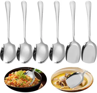 Produktbild von Unyqoos® 6-teiliges Servier-Set mit 4 Servierlöffeln und 2 Servierspateln, lebensmittelechter 304 Edelstahl, lange Griffe – für Küche, Buffet & Dinner