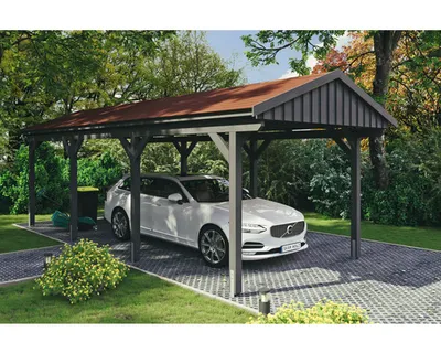 Produktbild von Einzelcarport SKAN Holz Fichtelberg inkl. Dachschindeln rot 317 x 808 cm Schiefer