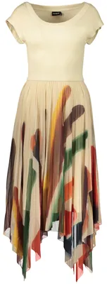 Produktbild von Elegantes Langes Kleid Beige mit Muster und weitem Ausschnitt für Damen