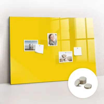 Produktbild von Magnetische Wandtafel aus Glas – Memotafel mit gebogener Vorderseite – Enthält 5 Magnete – 100x70 cm – Farbe: Hellgelb