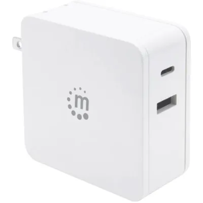 Produktbild von Manhattan Power Delivery USB-Ladegerät 45 W, USB-Netzteil mit USB-C Power Delivery-Port (PD 3.0) mit bis zu 45 W, USB-A Ladeport bis zu 2,4 A, weiß, Drinnen, AC, 20 V, 3 A, Weiß