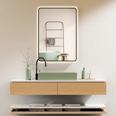 Produktbild von HOKO Badspiegel 60x80 cm mit Rahmen+Touch Schalter+Licht Wechsel Warmweiß-Kaltweiß-Neutral Licht mit Touch Schalter und mit Wandschalter einschaltbar