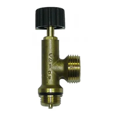 A brass valve with a black knob against a white background.