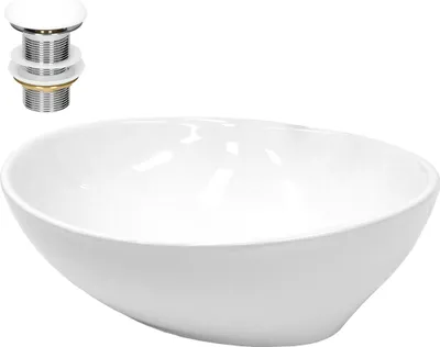 A white ceramic oval basin and a drain assembly are presented against a white background.