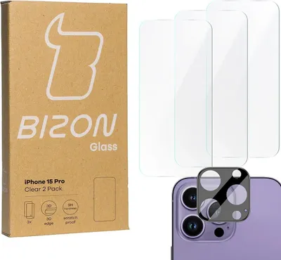 Produktbild von Gehärtetes Glas + Kameraschutz, iPhone 15 Pro, Bizon Glass Clear 2 Pack