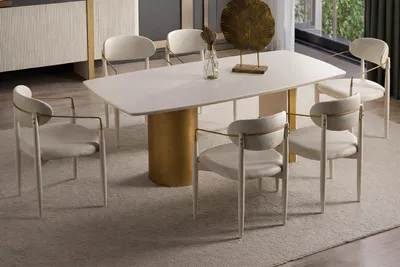 Productafbeelding van Elegant set voor de eetkamer, bestaande uit een tafel en 6 stoelen, in wit en goud