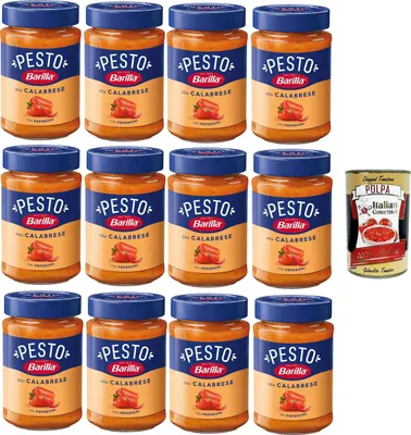 Produktbild von Barilla Pesto Alla Calabrese con Peperoni Condimento e Sugo per Pasta Kalabrisches Pesto mit Paprikagewürz und Pastasauce 12x190gr + Italian Gourmet polpa 400g