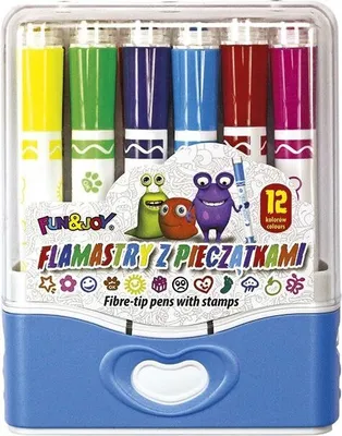 A set of 12 fiber-tip pens with stamps, featuring cartoon characters and colorful designs, presented in a blue and clear plastic case.