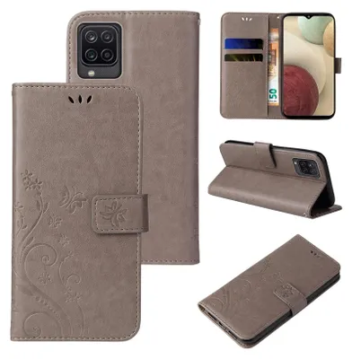 Collage of a flip phone case for Samsung Galaxy A12, showing different angles and features.