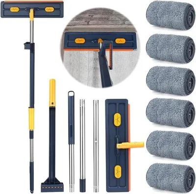 Immagine prodotto di Unyqoos® Mocio piatto grande con sistema di strizzatura integrato, testina rotante a 360°, manico in acciaio inossidabile di 137 cm, microfibra, per uso umido e asciutto, colore blu – adatto per pavimenti, pareti e vetri