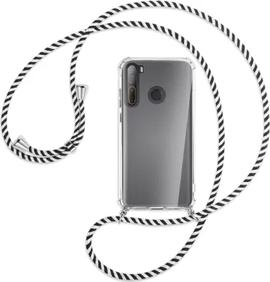 Produktbild von Handykette Backcover-Schutzhülle mit Band (Metall silberfarben) für HTC Desire 20 Pro - schwarz/weiß gestreift