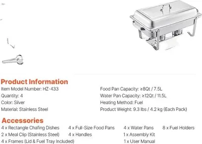 Produktbild von Chafing Dish Buffet Set, 8 Quart Kapazität, langlebiger Edelstahl, 4 Packungen