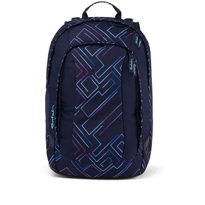 A navy blue backpack with a geometric pattern of lines in blue, purple, and pink.