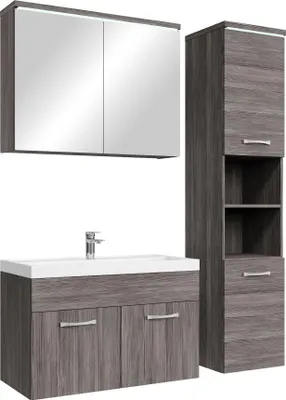 Produktbild von Badplaats Badmöbel Komplettset Paso LED 80 x 40 cm Grau Eiche - Badezimmermöbel mit Waschbecken, Spiegelschrank und Badezimmerschrank