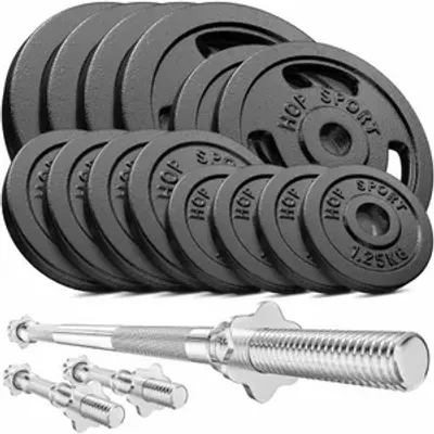 Produktbild von Hop-Sport 79kg Gusseisen Hantel-Set Langhantel Set  Langhantelstange Kurzhantelstange 30mm, 1x Langhantel, 2x Kurzhanteln, Gewichte: 4x10kg, 2x5kg, 4x2,5kg, 4x1,25kg