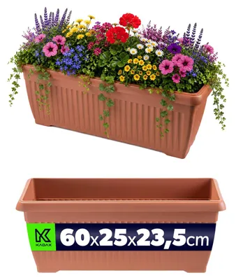 Produktbild von KADAX Blumenkasten 60 x 25 x 24 cm, rechteckiger Pflanzenkasten für Blumen, Kräuter & Pflanzen auf Fensterbank, Balkonkasten aus Kunststoff (Terrakotta)