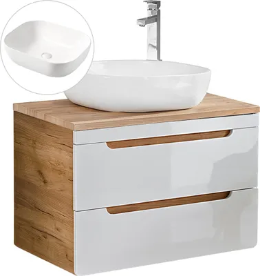 Produktbild von Waschtischunterschrank 80 cm mit 51 cm Keramik-Waschbecken LUTON-56 in Hochglanz weiß mit Wotan Eiche Nb., B/H/T ca. 81/76,5/46 cm