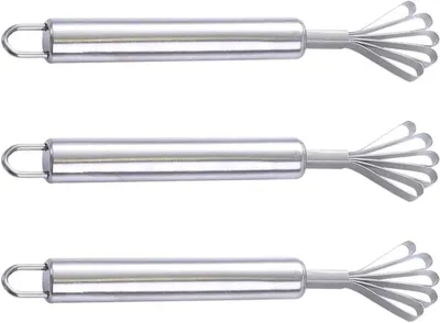 Produktbild von Kokosnussschaber aus Edelstahl und Fischschuppenentferner in Silber, 3 Stück mit platzsparendem Design zur einfachen Aufbewahrung für Bars und zu Hause