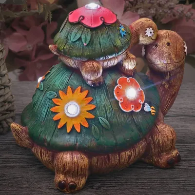 Productafbeelding van Tuindecoratie: Schildpad moeder en baby, zonne-energie lamp, kunsthars, groen/bruin, 11 cm