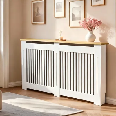 Produktbild von WISFOR Heizkörperverkleidung 152 x 20 x 92,5 cm MDF vertikale Lamellen Holzoptik Ablage Kippschutz Heizkörperabdeckung für Schlafzimmer Wohnzimmer