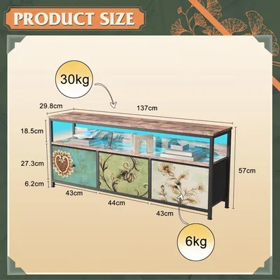 Obrázek produktu pro TV stolek a skříňka pod televizi - Skříňka A - LED osvětlení - 108 × 30 × 57 cm - 3 zásuvky potažené látkou - kovový rám a dřevotříska - moderní design - nosnost 30 kg