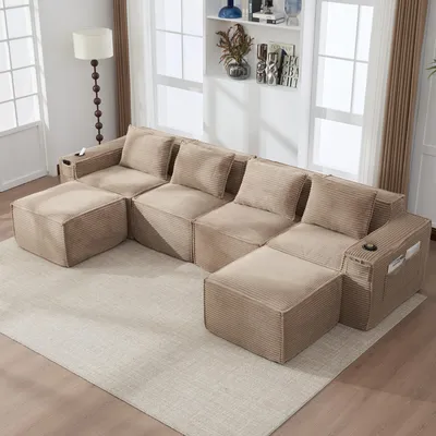 Produktbild von Modulares 4-Sitzer Cordsofa mit 2 Hockern, großes Ecksofa mit Federkern und hochdichtem Schaumstoff, Couch mit Getränkehaltern und Seitentaschen für Wohnzimmer