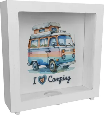 Produktbild von Campervan Rahmen Spardose aus Holz mit Spruch I love Camping