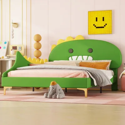 A child's bedroom with a dinosaur-themed bed.