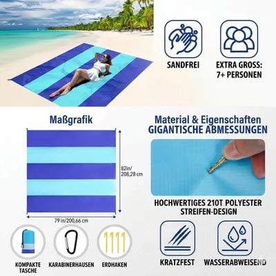 Produktbild von XXL Stranddecke 210x200cm Blau Gestreift – Sandsicher & Wasserdicht