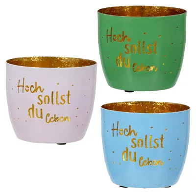 Produktbild von Gilde Windlicht, "Hoch sollst du leben", Spruch, Metall, blau, grün, rosa, H. 8 cm, D. 10 cm 58860 4063387588604 3 Stück (3-fach sortiert)