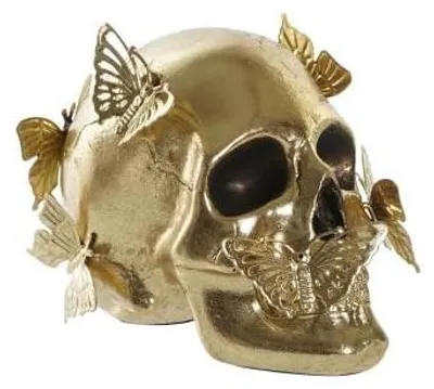 Harz-Totenkopf gold mit Schmetterlingen, 16,5x10,5x11,5 cm