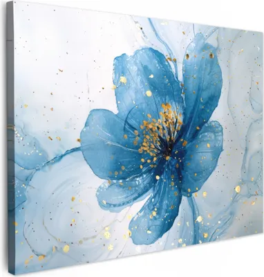 Produktbild von MuchoWow® - Leinwandbilder - Blumen - Blau - Gold - Aquarell - Modern, Wandbild, Wanddeko Bilder Wohnzimmer, 80x60 cm