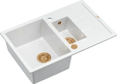 Obrázok produktu pre Kuchynský drez QUADRON s 1,5 miskou | Rozmery: 78 x 50 x 22 cm | MORGAN 156 | Kuchynský drez GraniteQ so sifónom | Biela a meď