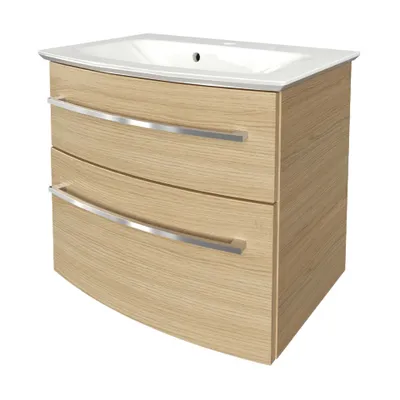 Produktbild von FACKELMANN B.STYLE Badmöbel Set 2 Teile / Gussmarmor Waschbecken / Waschbeckenunterschrank mit 2 Schubladen und Soft-Close / hochwertige Möbel fürs Bad / Korpus & Front: Braun hell / Breite: 63 cm