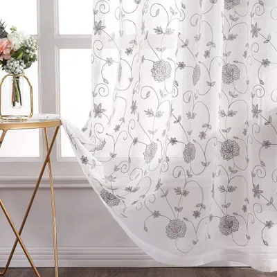 Voile Gardinen 2er Set, Blumenstickerei, Ösen, 145x140 cm, Grau