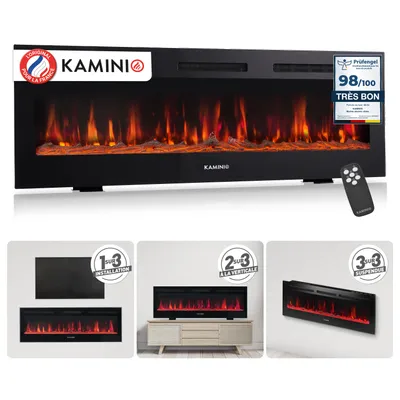 Image de KAMINIO Cheminée électrique MARLON - Cheminée électrique 3 en 1 avec chauffage, effet de flammes 3D, 12 couleurs de flammes, télécommande - 60 pouces