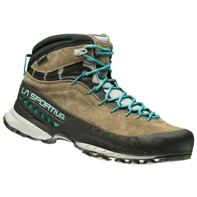 Damen-Zustiegsschuh "TX4 Mid Woman Gtx" von La Sportiva in Grau mit blauen Schnürsenkeln.