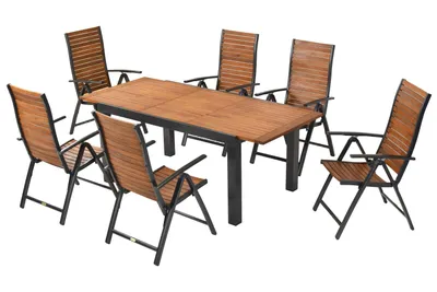 A set of outdoor furniture including a table and chairs, displayed on a white background.