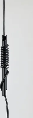A close-up view of a black cable with a coiled spring mechanism.