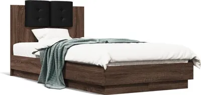 Produktbild von Design Bettgestell mit Kopfteil und LED-Leuchten Braun Eiche 90x190 cm, Klassische Betten 2024 Neu
