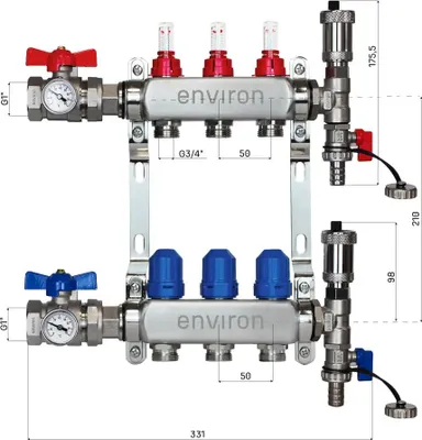 Zdjęcie produktu dla Zestaw regulacyjny M059 20–70°C z pompą wysokowydajną EcoStar II 25/6, rozdzielaczem obiegów grzewczych ze stali nierdzewnej, zestawem do odpowietrzania i zestawem zaworów kulowych – 3 obiegi grzewcze / bez zestawu regulacyjnego / z zestawem zaworów kulowych