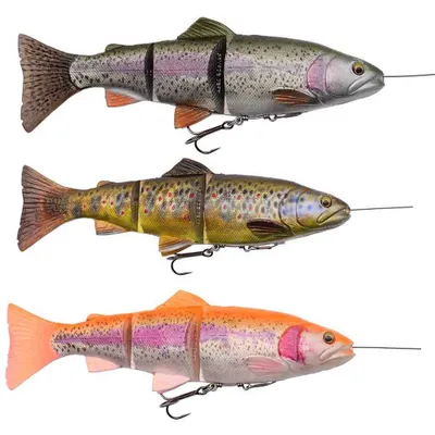 Three fishing lures shaped like trout, displayed against a white background.