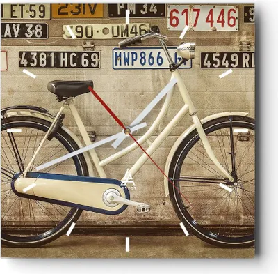 Produktbild von Wanduhr - Quadrat - Glasuhr - Fahrrad Mauer Straße - 30x30cm - Schleichendes Uhrwerk - Lautlos - zum Aufhängen bereit - Dekoration Modern - Wanddekoration aus Glas - C3AC30x30-3764